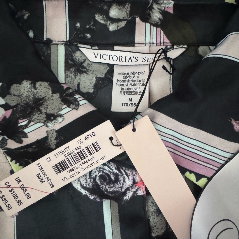Victoria's Secret Satin PJs Pajamas Black Floral Stripe Print VS Size Medium - Picture 7 of 8